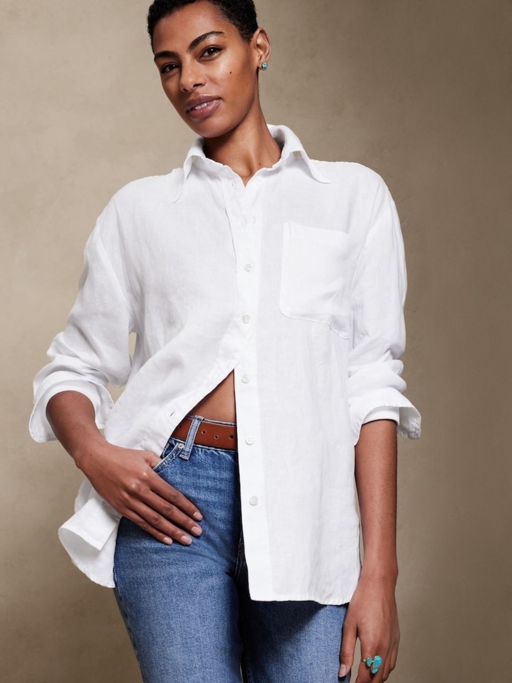 Banana Republic Relaxed White Linen Long Sleeve Button Down Shirt